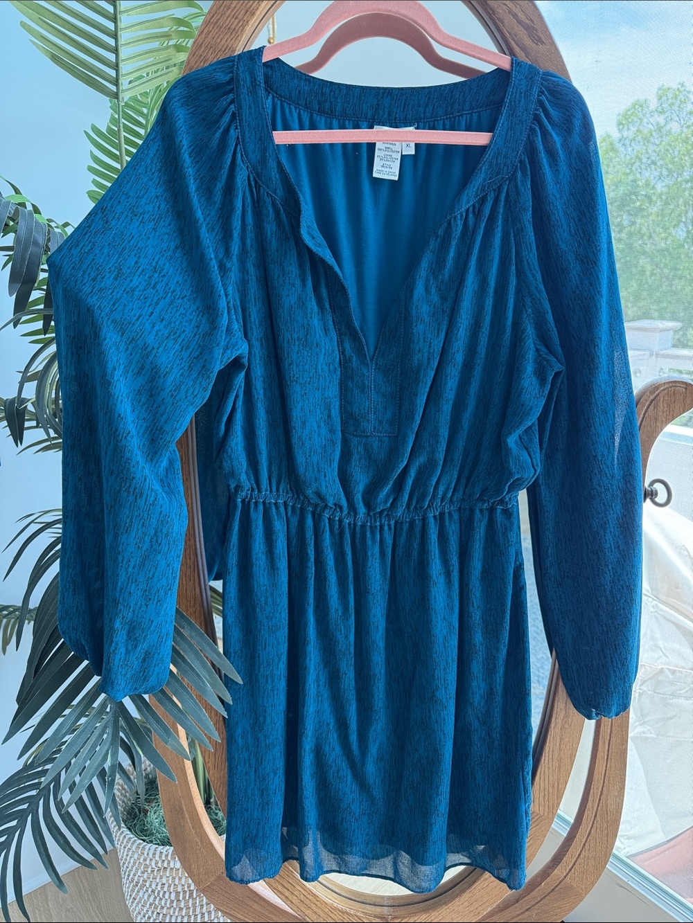 Teal Long Sleeve V-Neck Tunic Dress